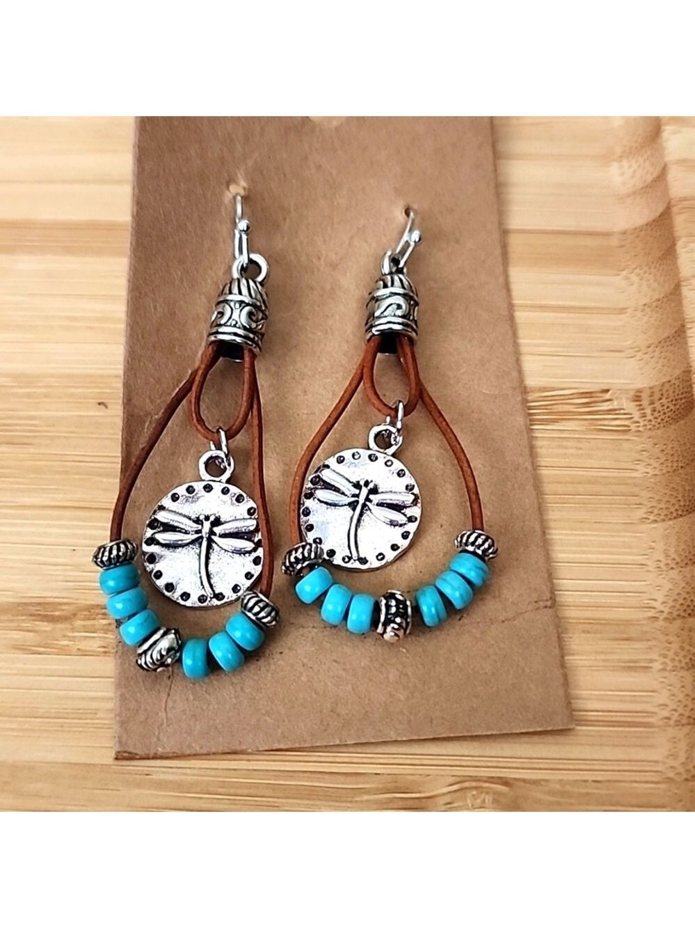 Natural Turquoise Beaded leather Dangle Boho Earrings ⚡️